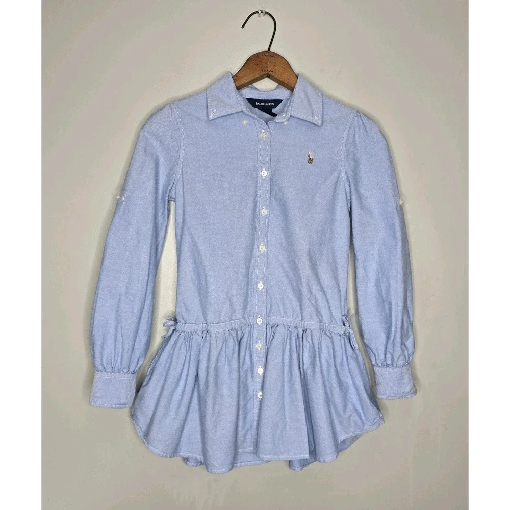Ralph Lauren Chambray Ruffled Shirt Dress Girls Blue Denim Drop Waist Logo Sz 10